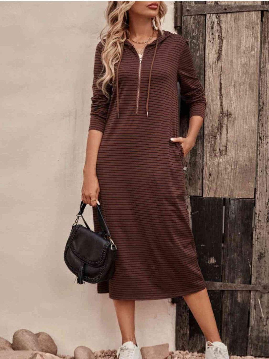 GR | Striped Zip-Front Hooded Dress
