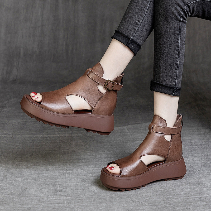 GR | Summer New Retro First Layer Cowhide Back Peep Toe Sandals for Women