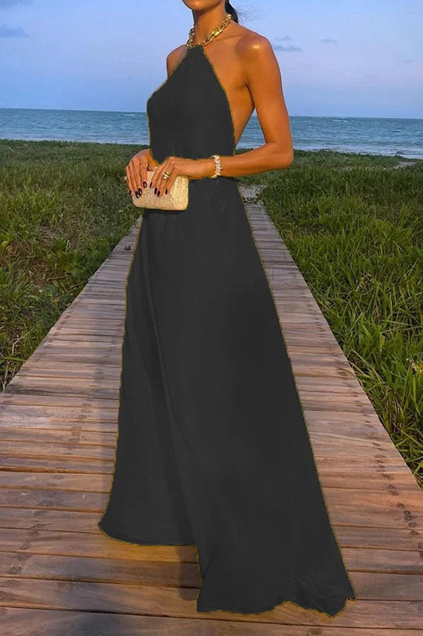 GR | Sunny In Santorini Chain Halter Backless A-Line Holiday Maxi Dress