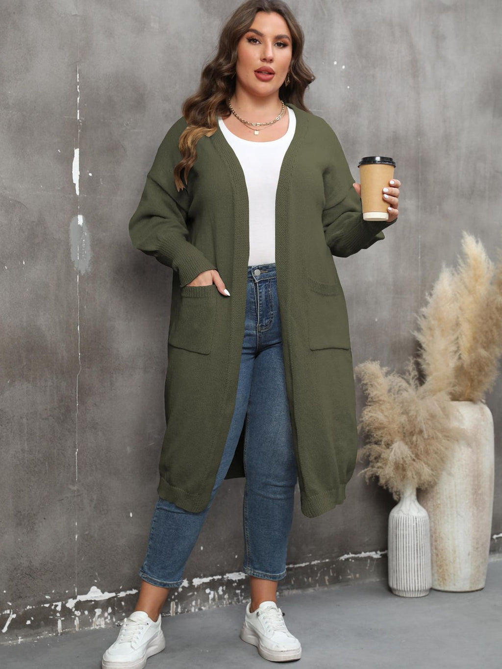 GR | Plus Size Langarm Taschen Cardigan