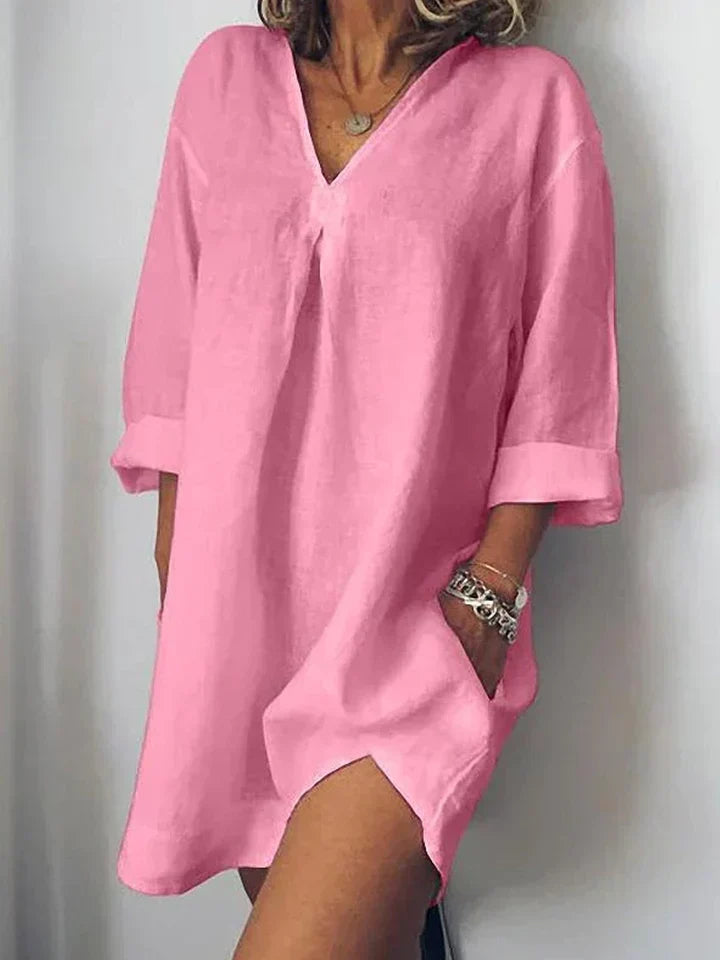 GR | Linen dress with V-neck and half sleeves