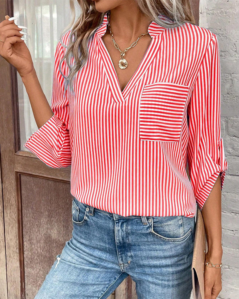 GR | striped shirt with V-neck and chest pocket