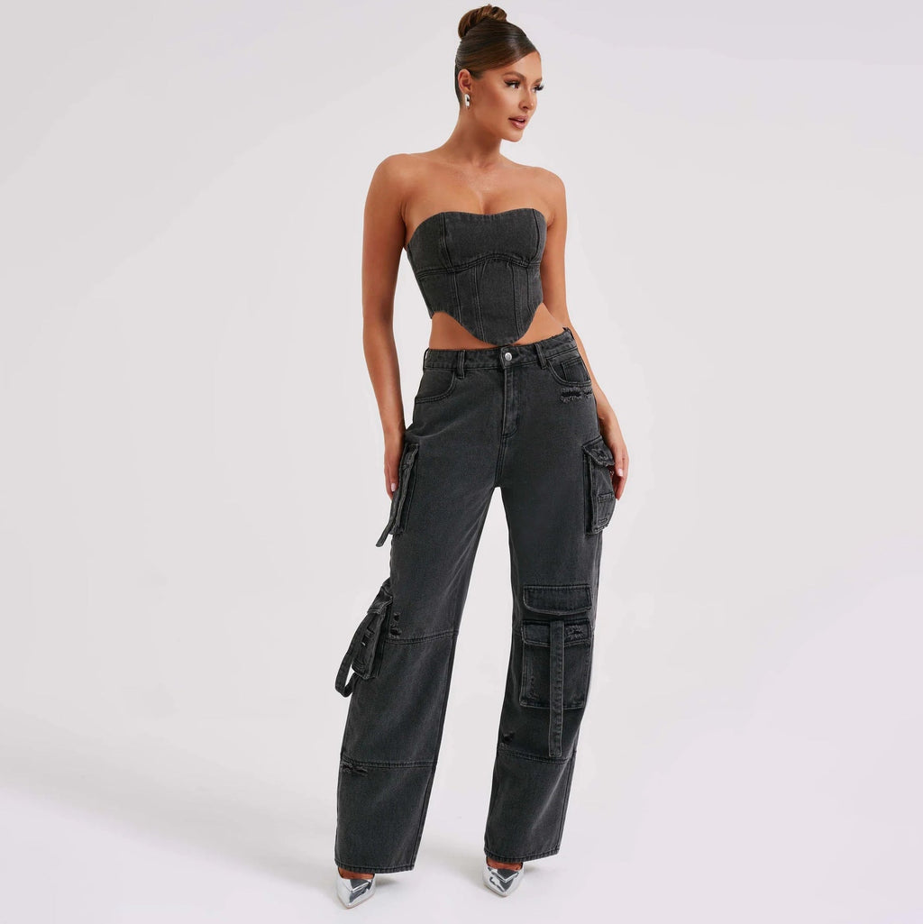 GR | Denim Suits Summer Sexy Back Cutout Tube Top and Multiple Pockets Straight Trousers Fashion Long Trousers Suit Women's Clothing
