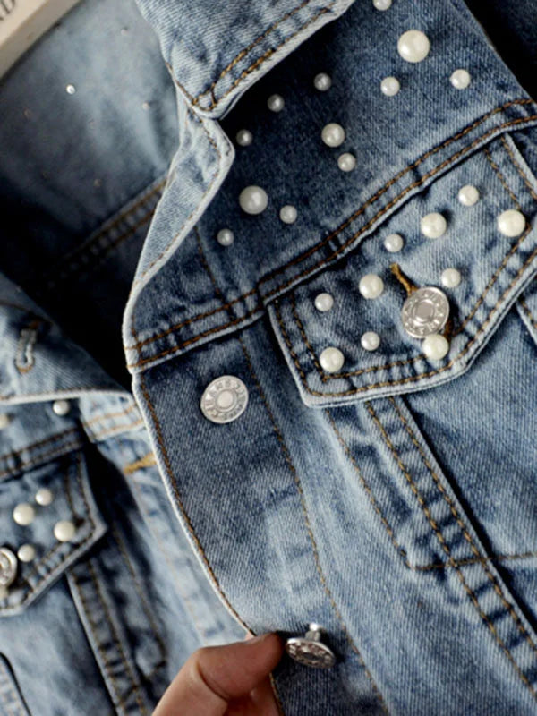 GR | Casual denim jacket with pearls for women