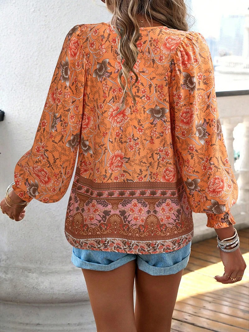 GR | Casual printed long-sleeved shirt with V-neck for a fashionable look