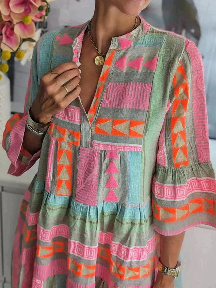 GR | Boho Chic Bedrucktes Midi Kleid Für Damen