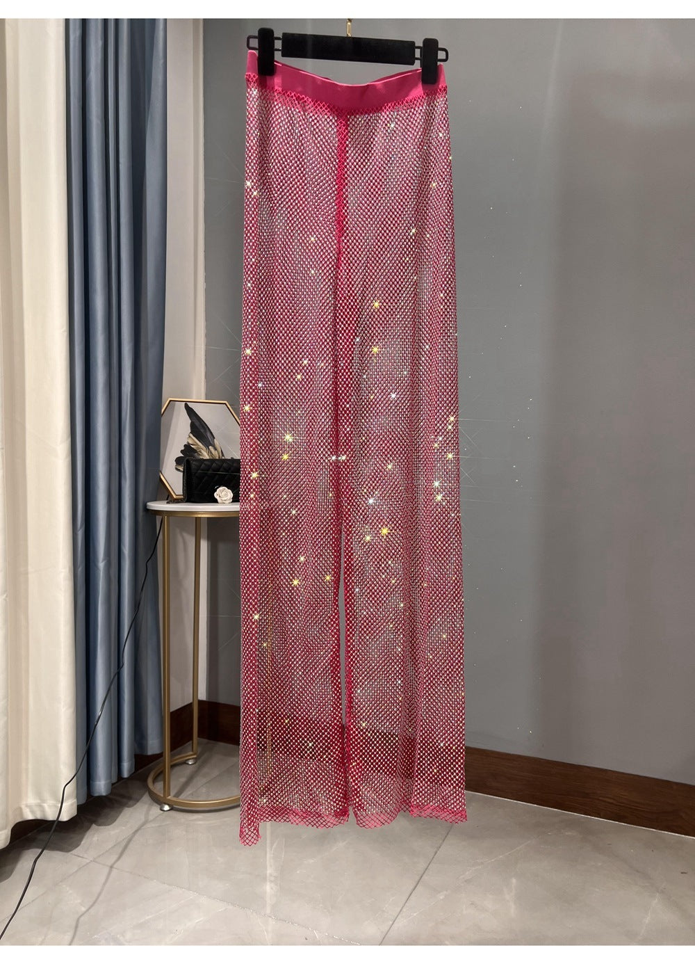 GR | Rhinestone Straight Mesh Wide Leg Slim Fit Flattering Mop Pants