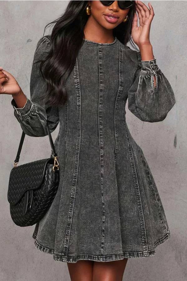 GR | Fade Into You Denim Prinzessinnenlinie Rückenreißverschluss Flare Stretch Mini Kleid
