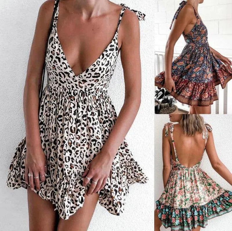 GR | Printed dress with a deep neckline and shoulder straps for women