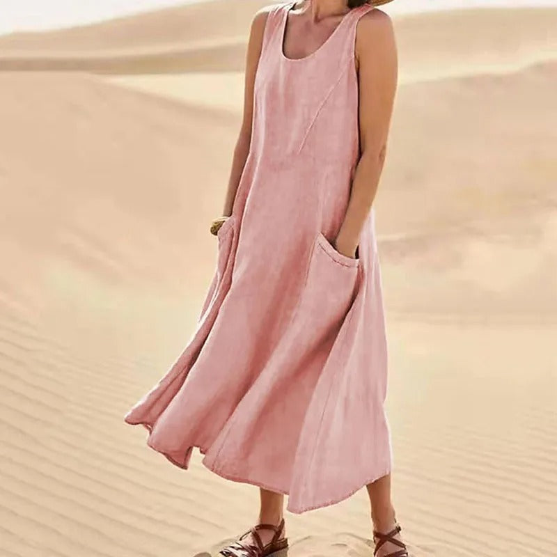 GR | Sleeveless Linen Dress with Pockets for Women