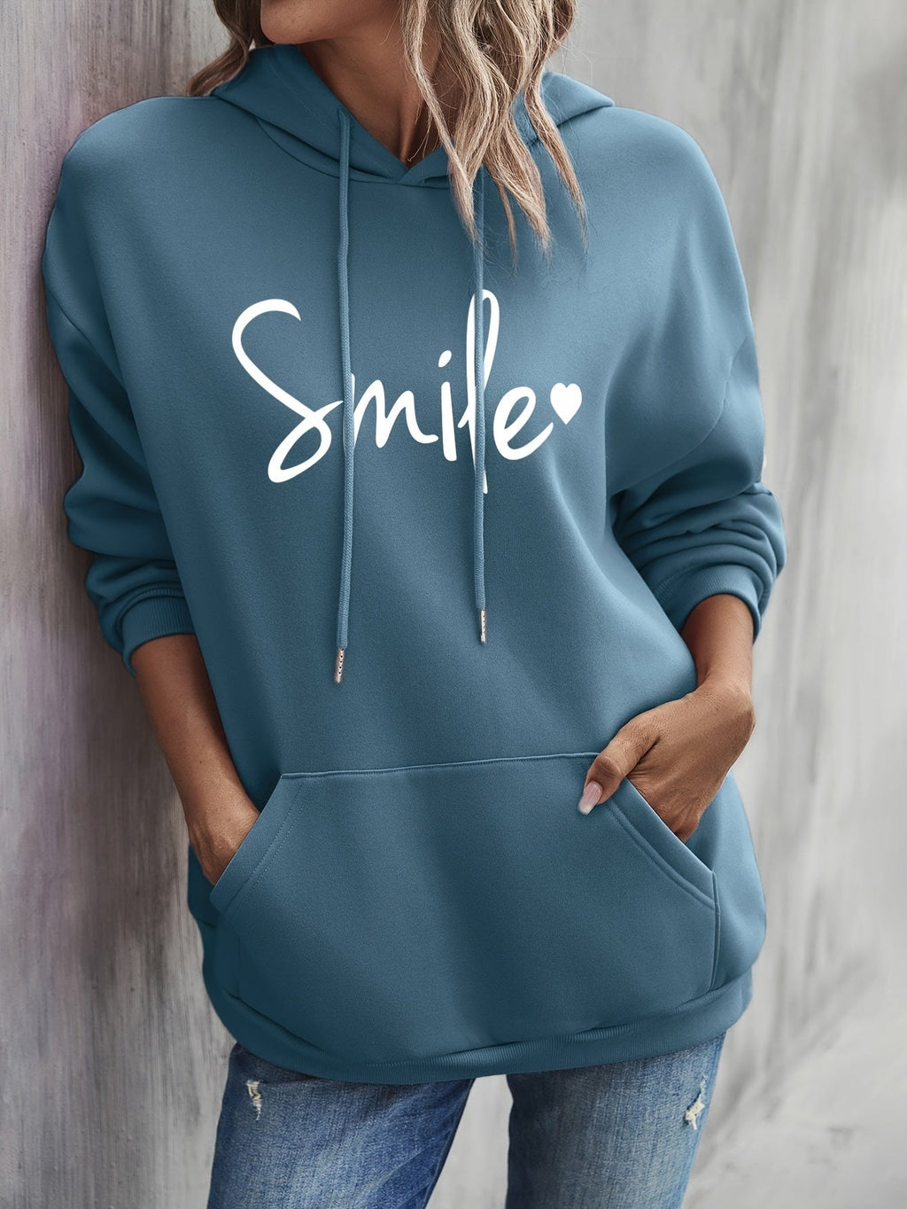 GR | gemütlicher Smile Print Hoodie mit Kordelzug für Frauen
