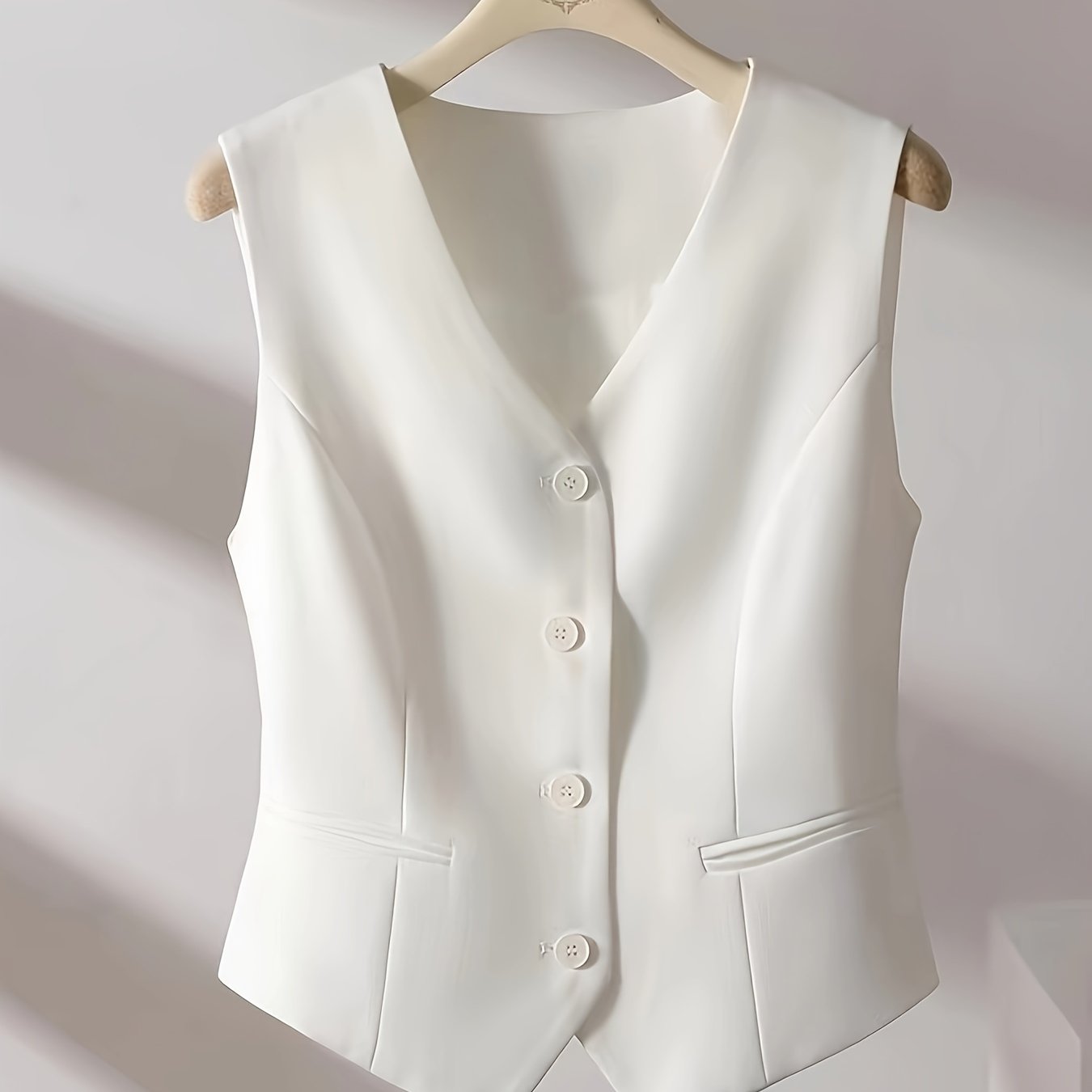GR | Solid color sleeveless vest with V-neck and button closure