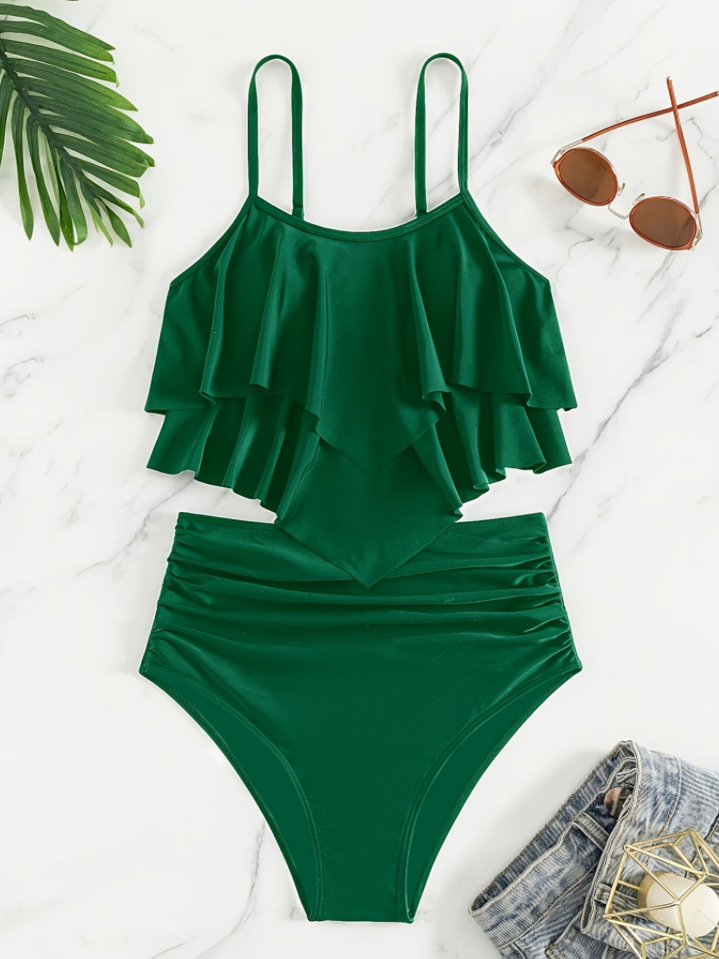 GR | Ruched, Layered Two-Piece Black Tankini for Women