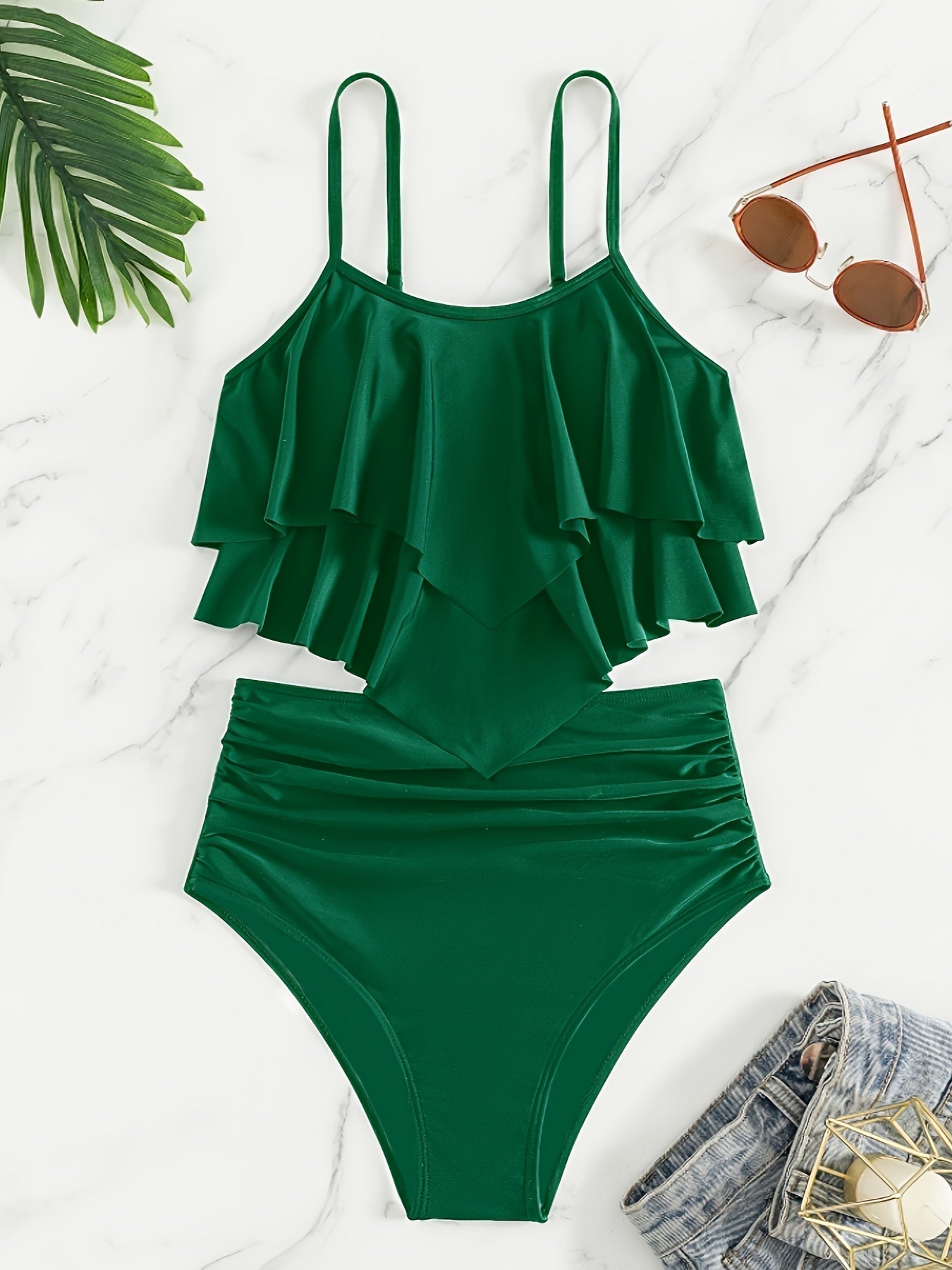 GR | Ruched, Layered Two-Piece Black Tankini for Women