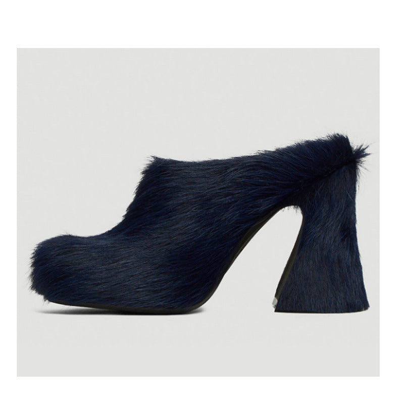 GR | Closed Toe Horsehair Chunky Heel Waterproof Platform Slippers