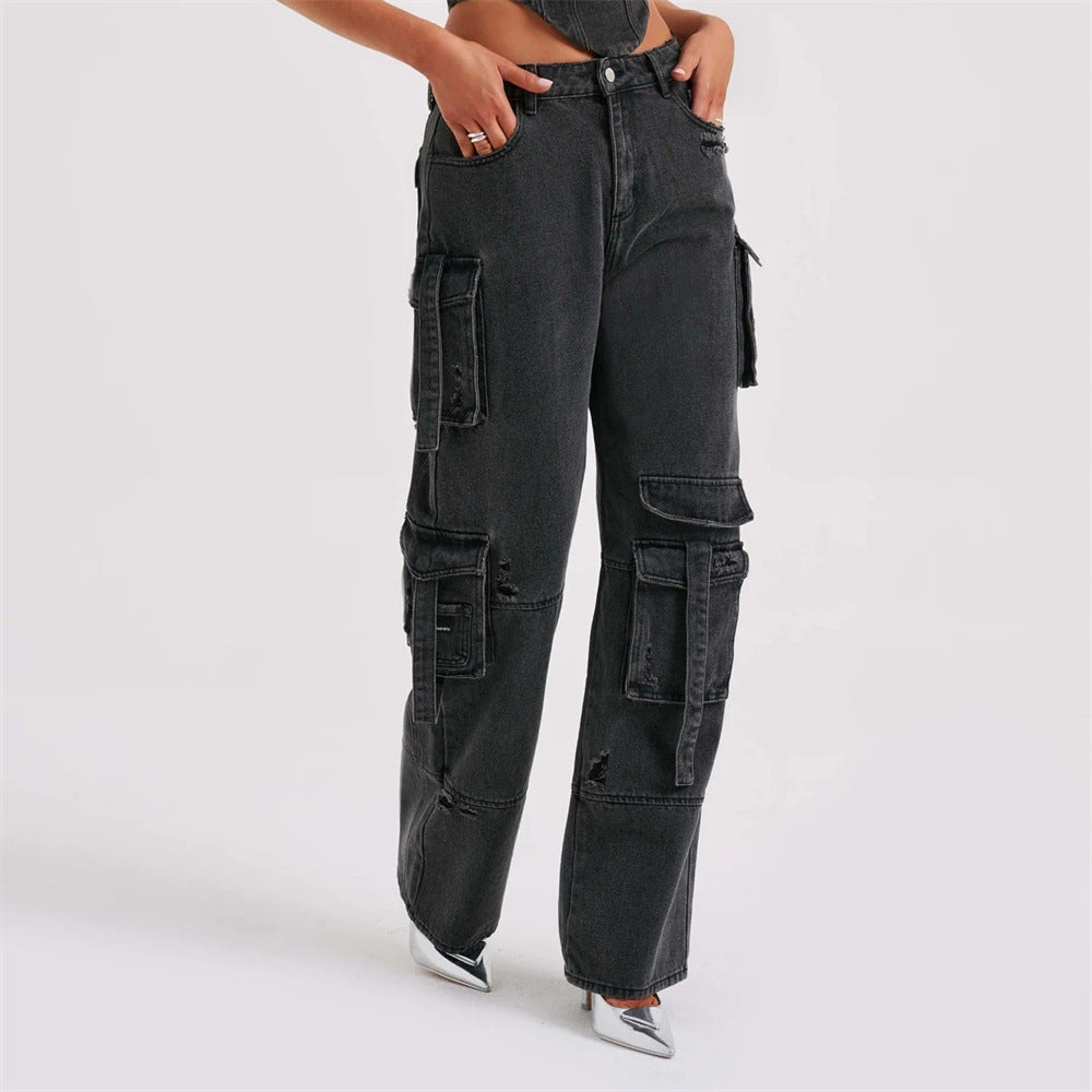 GR | Denim Suits Summer Sexy Back Cutout Tube Top and Multiple Pockets Straight Trousers Fashion Long Trousers Suit Women's Clothing
