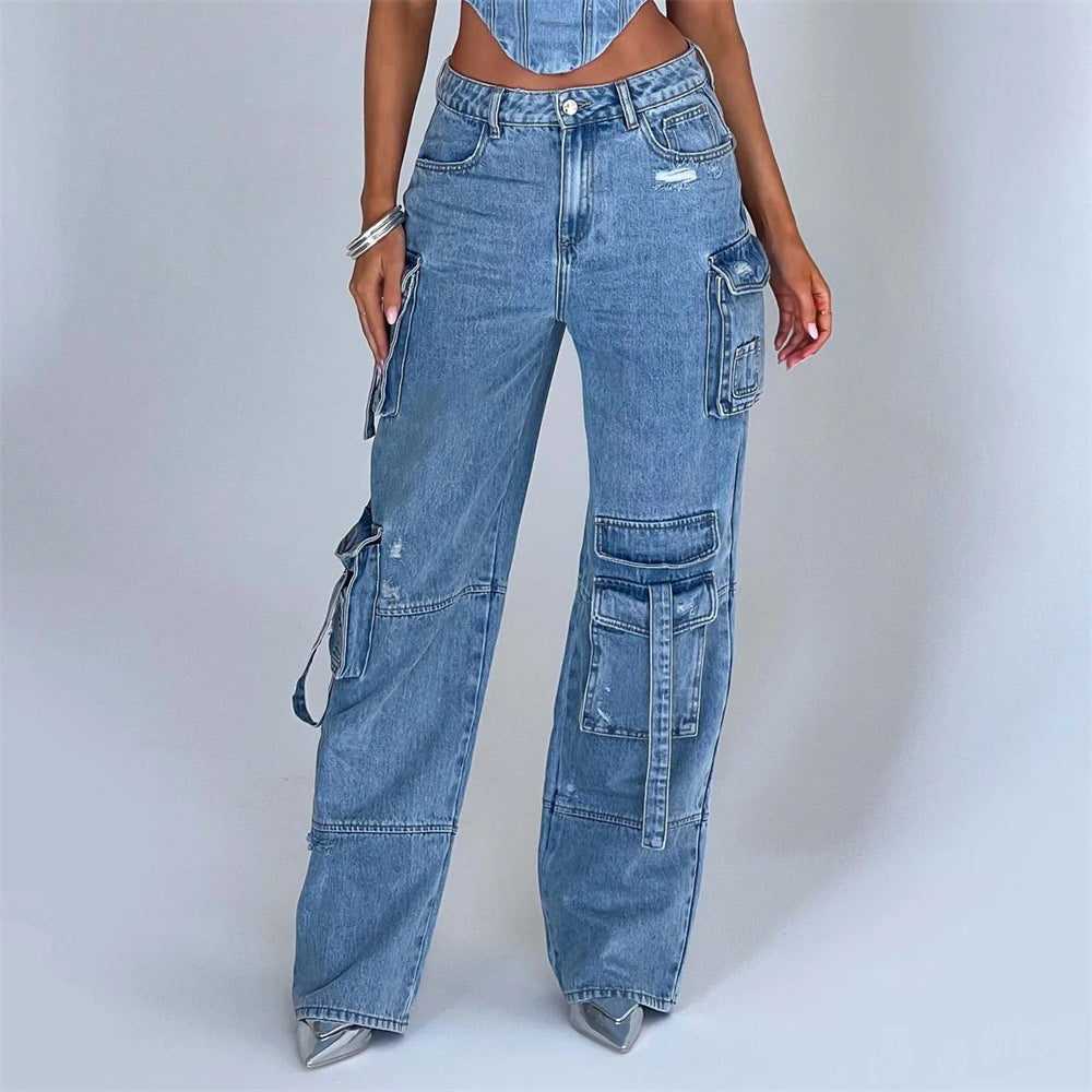 GR | Denim Suits Summer Sexy Back Cutout Tube Top and Multiple Pockets Straight Trousers Fashion Long Trousers Suit Women's Clothing
