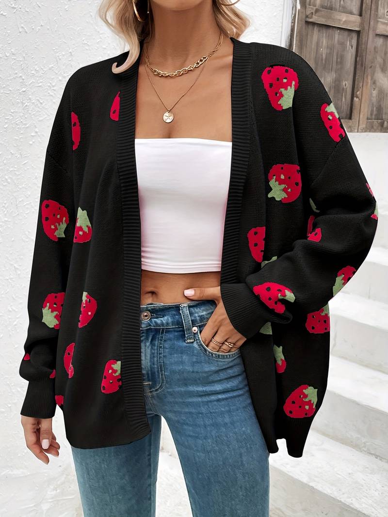 Long-sleeved cardigan with strawberry print for autumn and spring