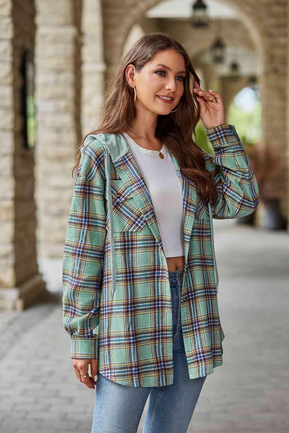 GR | Checkered long-sleeved hooded jacket