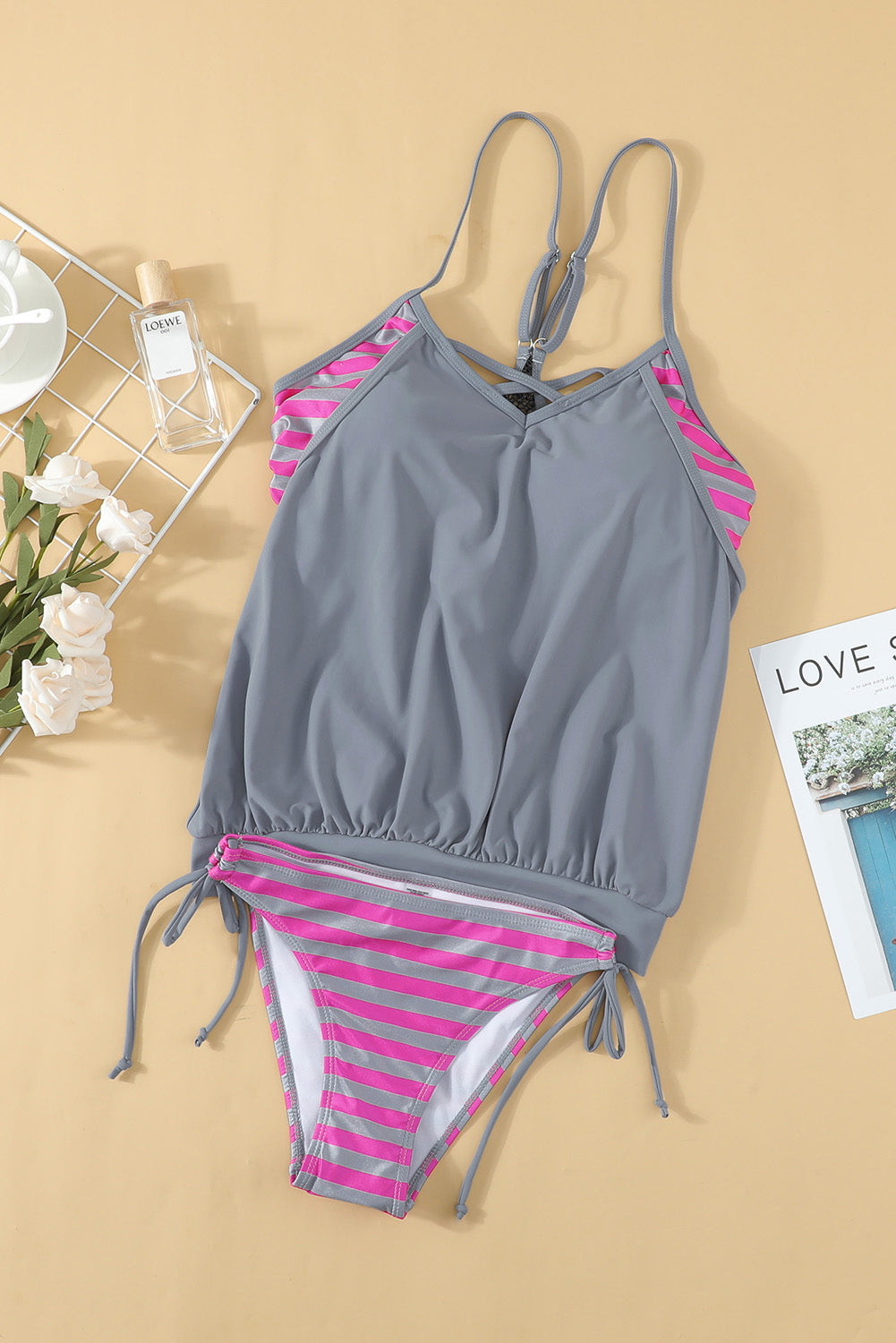 GR | Cross-hatched spaghetti strap tankini set