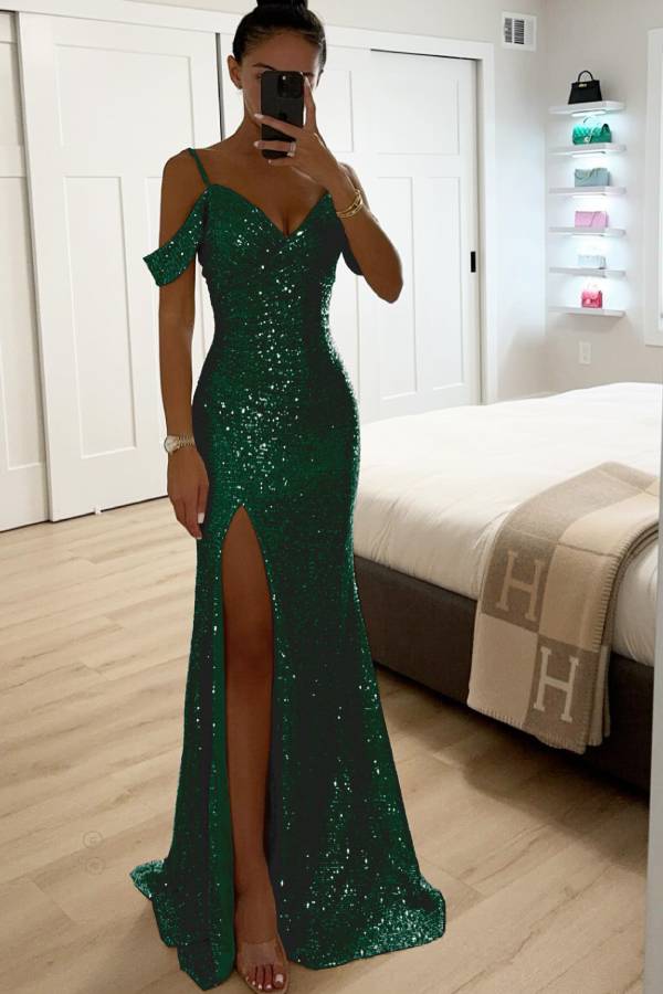 GR | Paillettenspitze Meerjungfrau Abschlussballkleider mit Schlitz Off-Shoulder Abendkleid