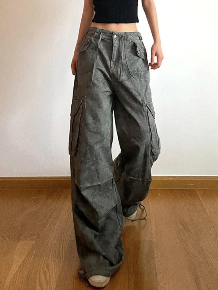 GR | Camo Print Gathered Multi-Pocket Waistband Cargo Jeans