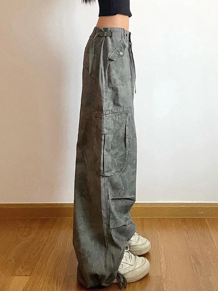 GR | Camo Print Gathered Multi-Pocket Waistband Cargo Jeans
