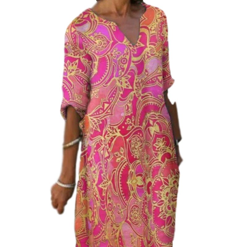 GR | Casual, colorful paisley-inspired dress with three-quarter sleeves and a V-neck
