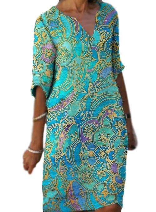GR | Casual, colorful paisley-inspired dress with three-quarter sleeves and a V-neck