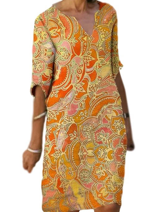 GR | Casual, colorful paisley-inspired dress with three-quarter sleeves and a V-neck