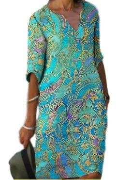GR | Casual, colorful paisley-inspired dress with three-quarter sleeves and a V-neck