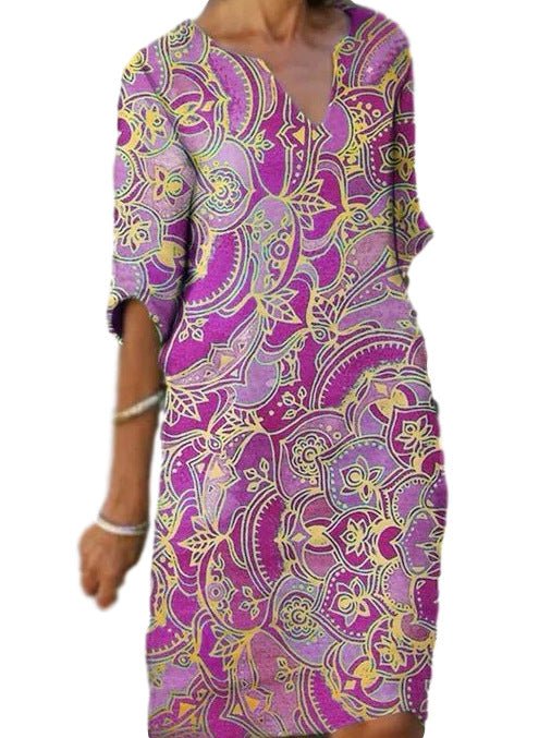 GR | Casual, colorful paisley-inspired dress with three-quarter sleeves and a V-neck