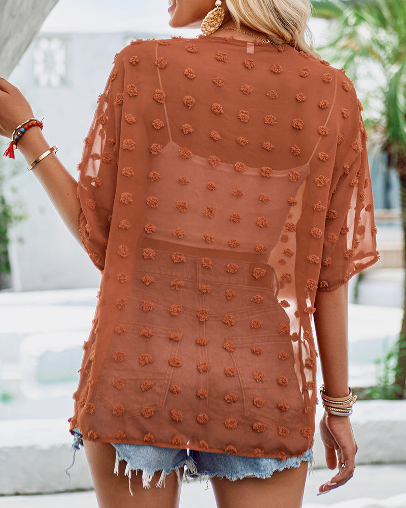 GR | Solid-color thin jacquard cardigan with short sleeves