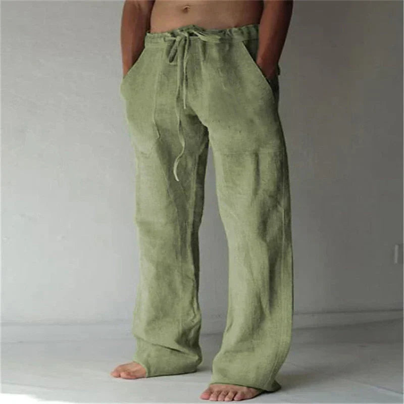 GR | Wide-leg trousers, breathable linen, relaxed fit, drawstring waistband, full length
