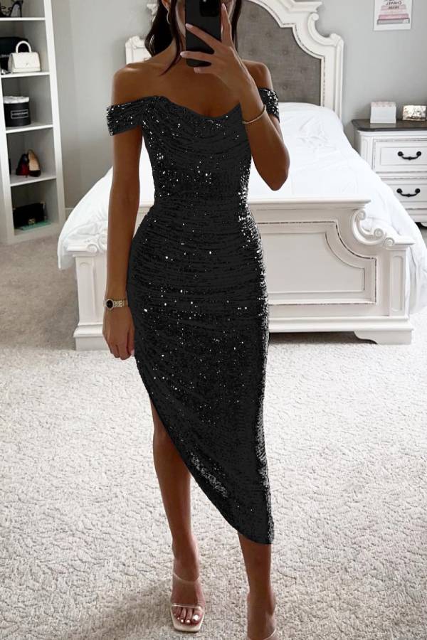 GR | Schalkragen-Pailletten-Midi-Kleid