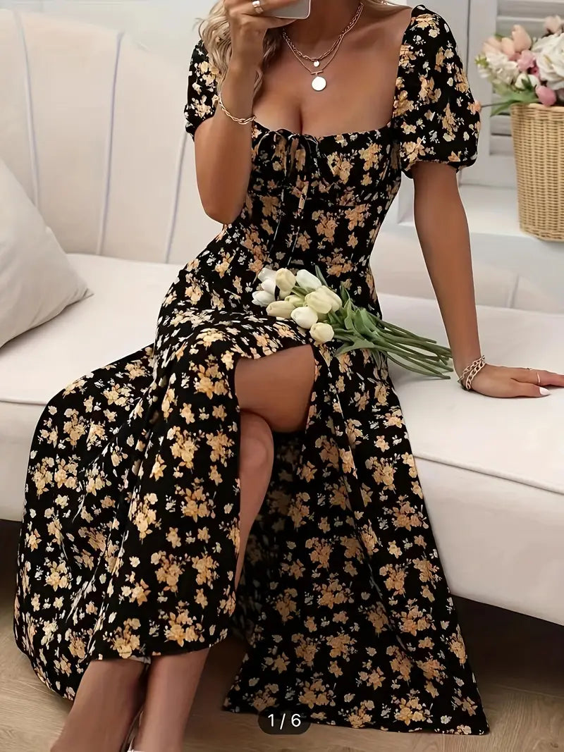 GR | Schickes Kleid mit Puffärmeln Im A-Linien-Stil mit Blumendruck