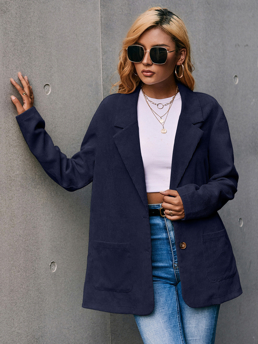 GR | Corduroy Long-Sleeve Longline Blazer with Pockets