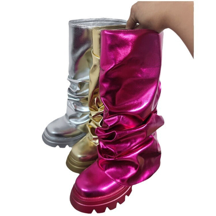 GR | Round Toe Thick Bound Shaped Sole Folded Women's Boots