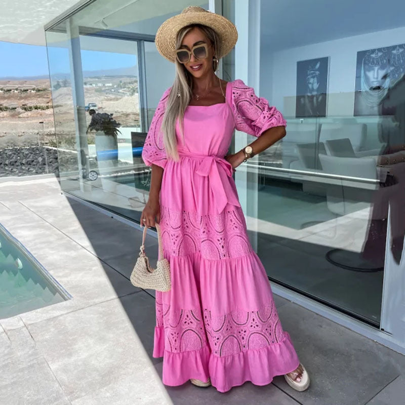 GR | Casual, loose dress with lacing and lace embroidery