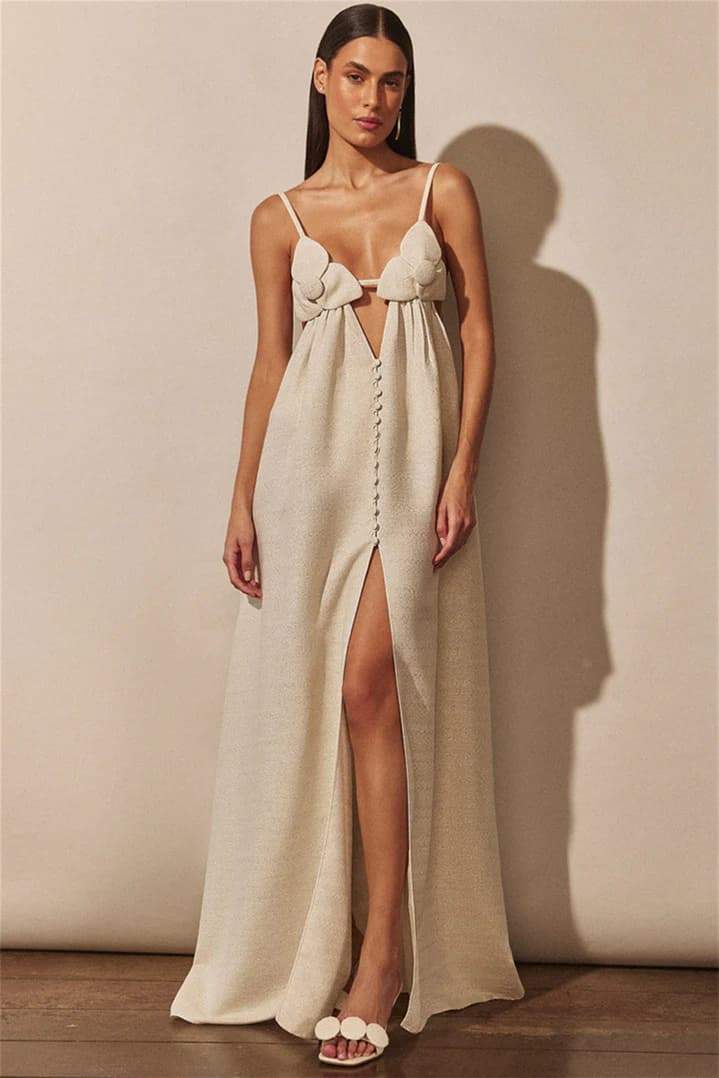GR | Maxi dress with V-neck and high floral slit