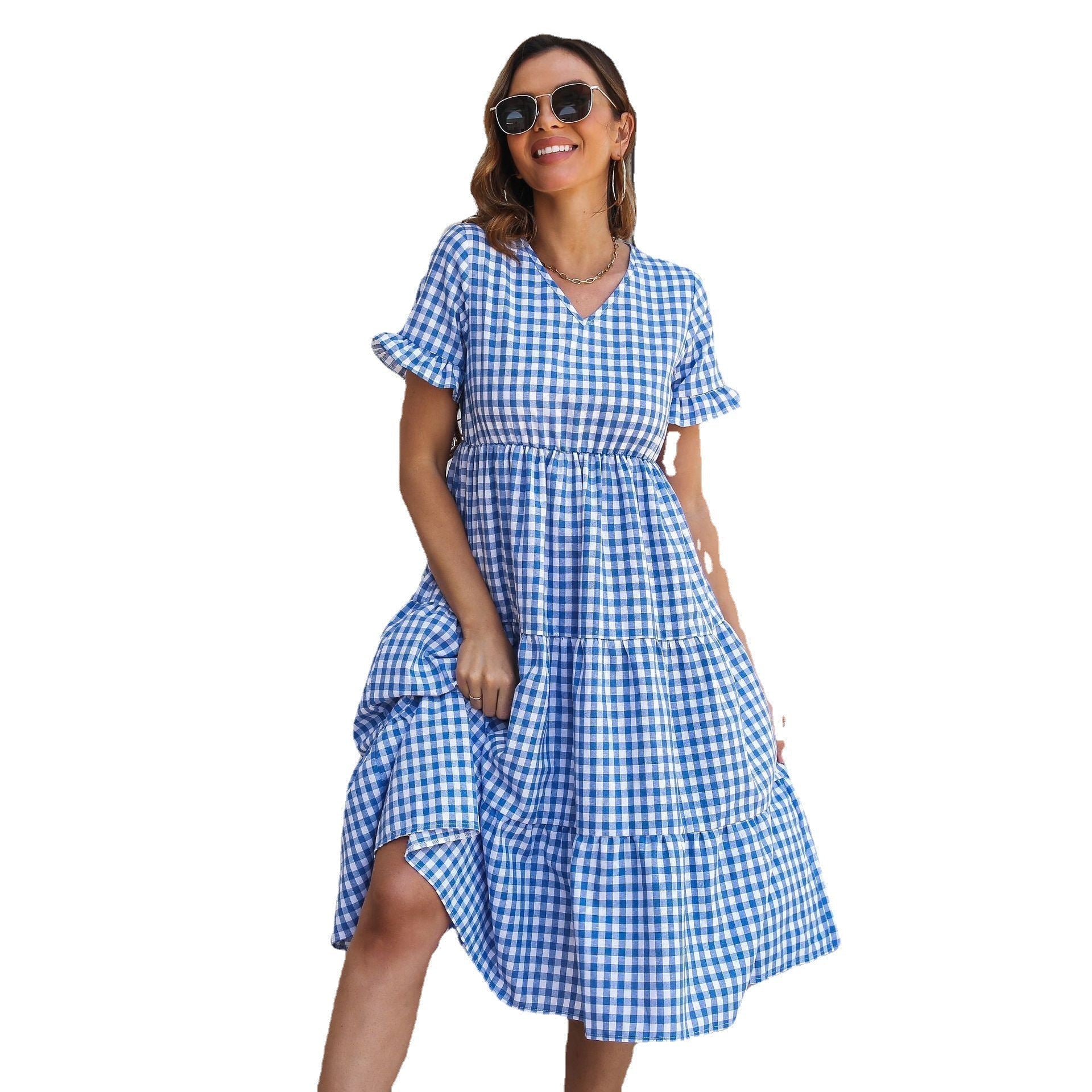GR | Karierter Midi-Kleid mit Gestuftem Rock und Kurzen Ärmeln