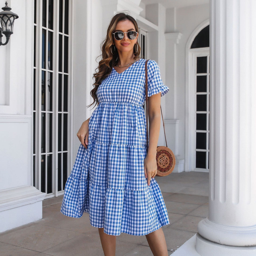 GR | Karierter Midi-Kleid mit Gestuftem Rock und Kurzen Ärmeln