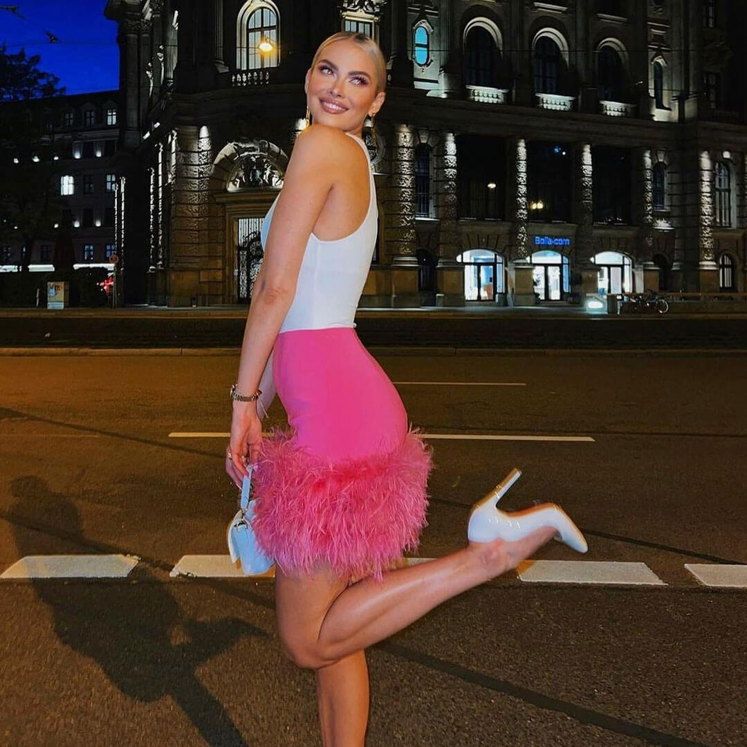 GR | Schicke Hochtaillierte Federbesatz Bodycon Minirock