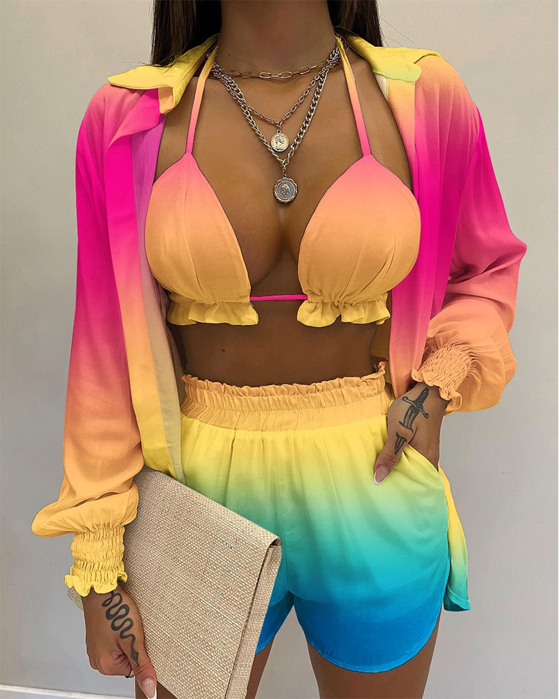 GR | Three-piece swimsuit set: cardigan top and shorts