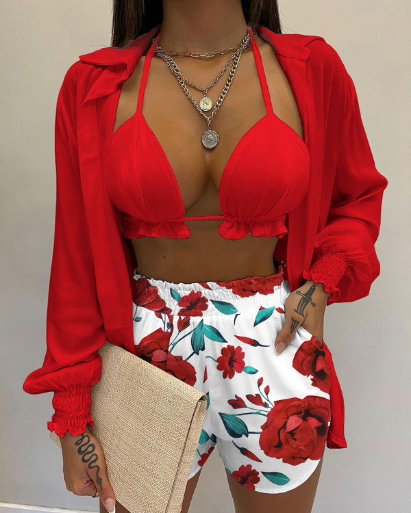GR | Three-piece swimsuit set: cardigan top and shorts