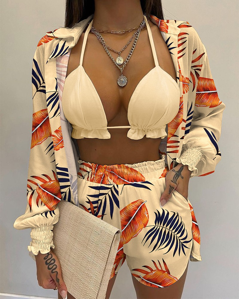 GR | Three-piece swimsuit set: cardigan top and shorts