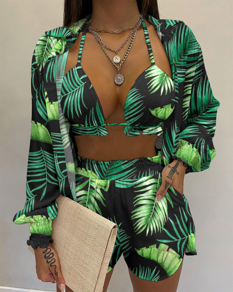 GR | Three-piece swimsuit set: cardigan top and shorts