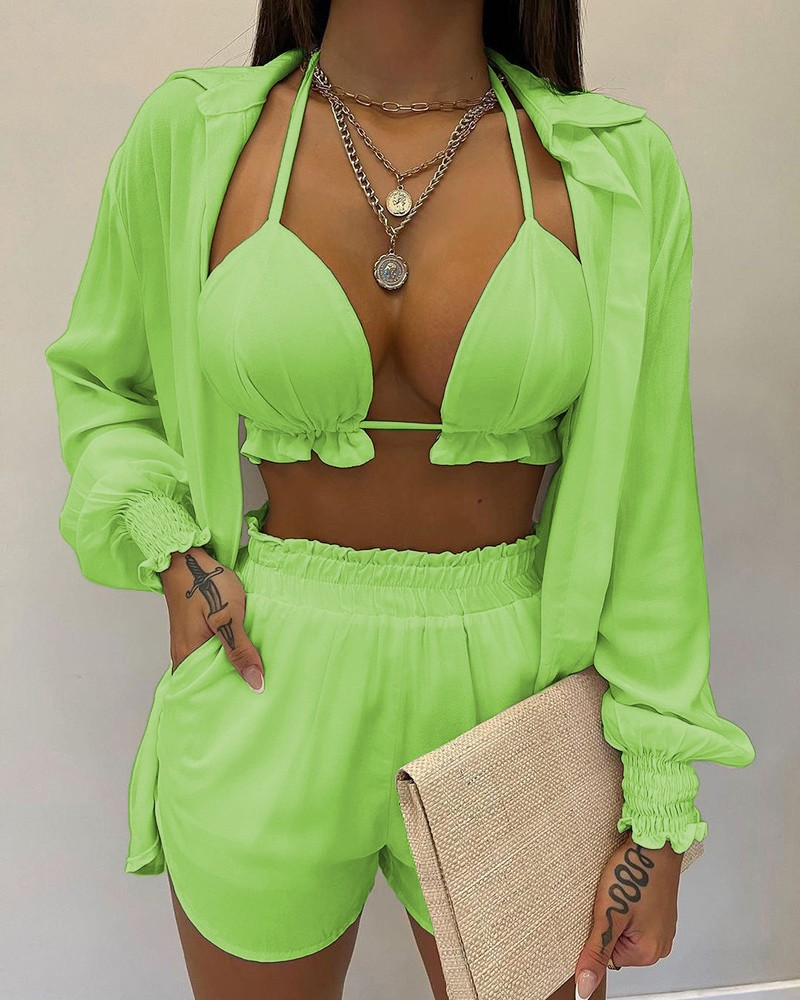 GR | Three-piece swimsuit set: cardigan top and shorts