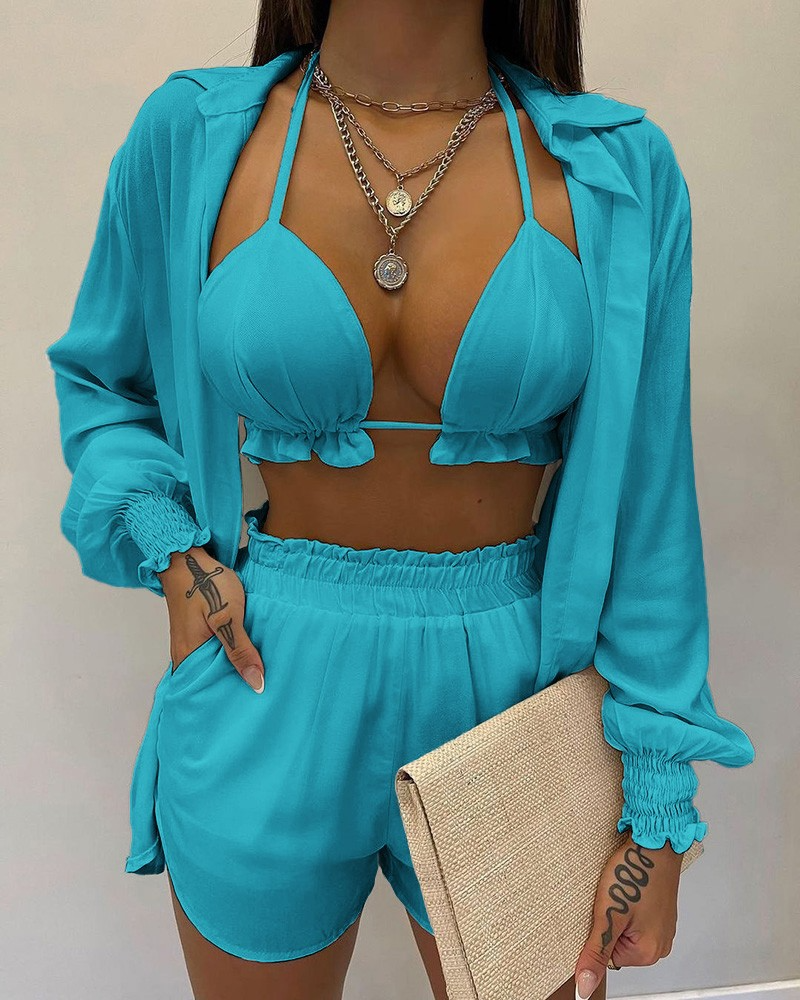 GR | Three-piece swimsuit set: cardigan top and shorts
