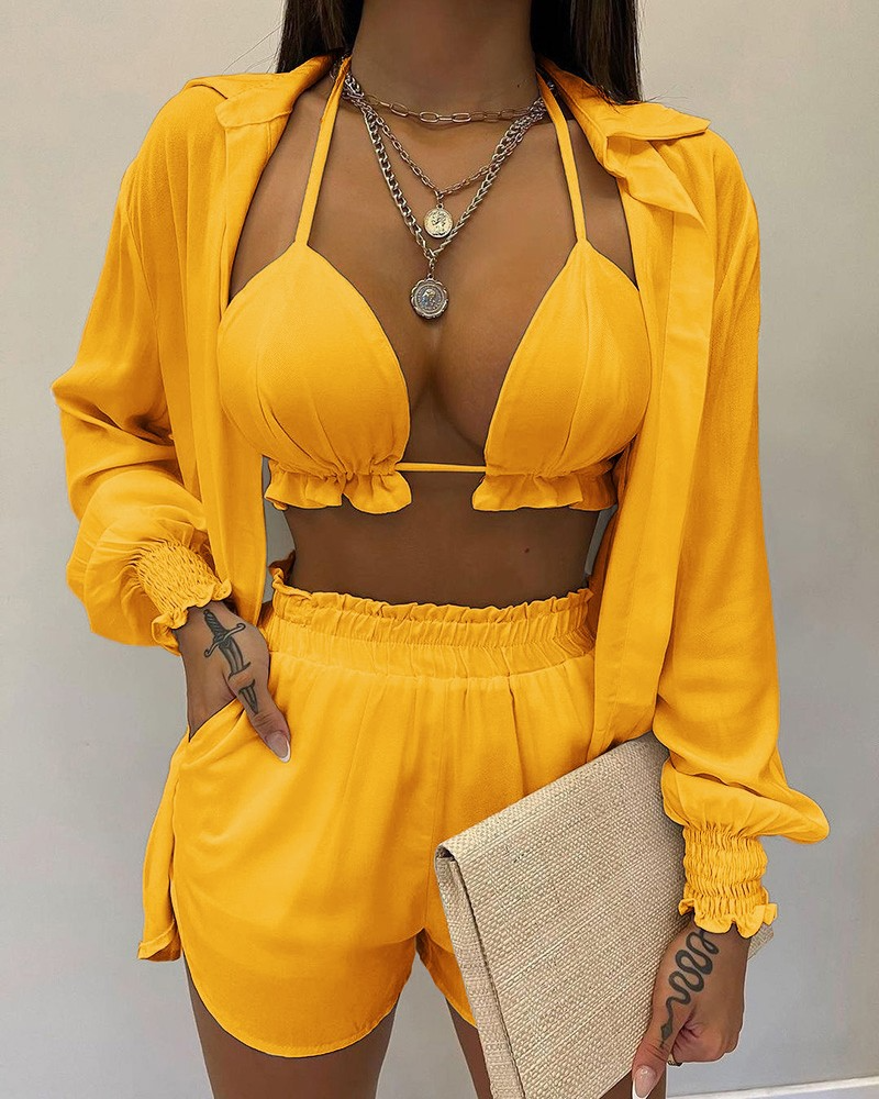 GR | Three-piece swimsuit set: cardigan top and shorts
